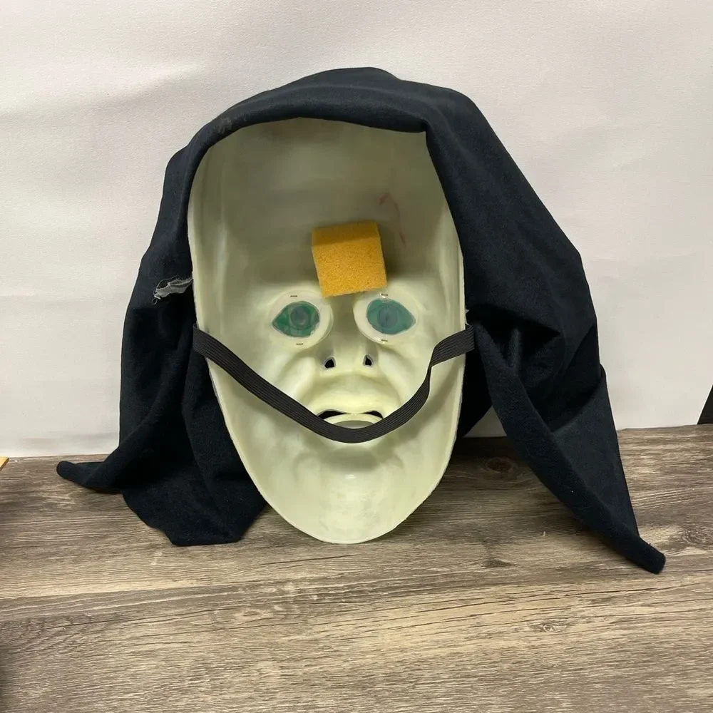 Vintage Glow-in-the-Dark Frankenstein Mask wHood & Light-Up Green Eyes Halloween